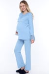 Luvmabelly MYRA9511 - Dantelli Düğmeli Flaplı Hamile Pijama Takımı - Mavi