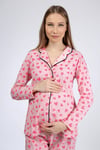 Luvmabelly MYRA9538 Düğmeli Biyeli Hamile Pijama Takımı - Kalpli - Pembe