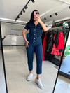Koyu Mavi Cep Detaylı İp Sıkmalı Denim Tulum