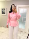 Pembe Vatka Detaylı Kuşaklı Transparan Gömlek
