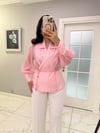 Pembe Vatka Detaylı Kuşaklı Transparan Gömlek