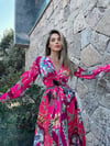 Okyanus desen pembe yırtmaçlı saten uzun elbise