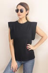 Kadın %100 Pamuk Omuz Detay Siyah Kolsuz T-Shirt