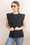 Kadın %100 Pamuk Omuz Detay Siyah Kolsuz T-Shirt