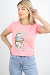 Kadın %100 Pamuklu Somon Rengi Kahve Baskılı T-shirt