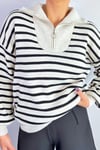 Kadın Boho Oversize Fermuarlı Polo yaka Çizgili Triko Kazak
