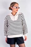Kadın Boho Oversize Fermuarlı Polo yaka Çizgili Triko Kazak