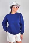 Kadın Cozy İçi Polarlı Saks Mavi Basic Bisiklet Yaka Pamuklu Kalın Örme Sweatshirt