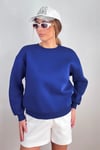 Kadın Cozy İçi Polarlı Saks Mavi Basic Bisiklet Yaka Pamuklu Kalın Örme Sweatshirt