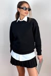 Kadın Cozy İçi Polarlı Siyah Basic Bisiklet Yaka Pamuklu Kalın Örme Sweatshirt