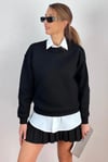 Kadın Cozy İçi Polarlı Siyah Basic Bisiklet Yaka Pamuklu Kalın Örme Sweatshirt