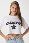 Kadın Creative Antrasit Nakışlı Crop T-Shirt