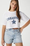 Kadın Creative Mavi Beyaz Nakışlı Crop T-shirt