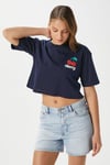 Kadın Cute Kiraz Baskılı Lacivert Crop T-Shirt