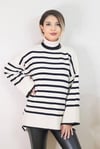 Kadın Ekru Çizgili Oversize Triko Kazak