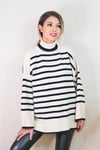 Kadın Ekru Çizgili Oversize Triko Kazak