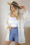 Kadın Ekru Püsküllü Ajurlu Triko Hırka / Kimono