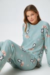 Kadın Ely Premium Bisiklet Yaka Mint Penguen Süet Doku Yılbaşı Pijama Takımı