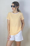 Kadın Hardal Beyaz Çizgili Basic T-Shirt