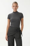 Kadın İvory Tok Dokulu Dik Yaka Fitilli Antrasit Basic Top / Bluz