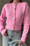 Kadın Kalp Düğme Pembe Yumoş Crop Hırka