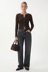Kadın Karmen Düğme Detaylı Uzun Kollu Kahverengi Basic Top / Bluz