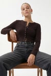 Kadın Karmen Düğme Detaylı Uzun Kollu Kahverengi Basic Top / Bluz