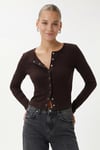 Kadın Karmen Düğme Detaylı Uzun Kollu Kahverengi Basic Top / Bluz