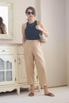 Kadın Keten Beli Lastikli Cepli Camel Pantolon 