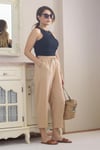 Kadın Keten Beli Lastikli Cepli Camel Pantolon 