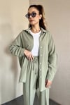 Kadın Keten Dokulu Carla Çağla Yeşili Oversize Gömlek