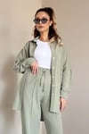 Kadın Keten Dokulu Carla Çağla Yeşili Oversize Gömlek