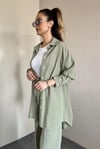 Kadın Keten Dokulu Carla Çağla Yeşili Oversize Gömlek