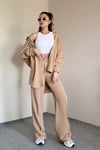 Kadın Keten Dokulu Carla Camel Oversize Gömlek