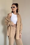 Kadın Keten Dokulu Carla Camel Oversize Gömlek