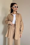 Kadın Keten Dokulu Carla Camel Oversize Gömlek