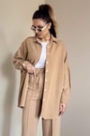 Kadın Keten Dokulu Carla Camel Oversize Gömlek