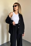 Kadın Keten Dokulu Carla Siyah Oversize Gömlek