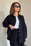Kadın Keten Dokulu Carla Siyah Oversize Gömlek