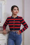 Kadın Kırmızı Lacivert Çizgili Gold Düğmeli Crop Hırka