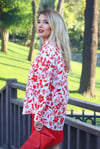 Kadın Kırmızı Oversize Çiçek Desen Poplin Gömlek