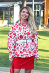 Kadın Kırmızı Oversize Çiçek Desen Poplin Gömlek