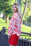 Kadın Kırmızı Oversize Çiçek Desen Poplin Gömlek
