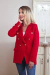 Kadın Kırmızı Tüvit Dokulu Gold Düğmeli Asimetrik Kesim Astarlı Blazer Ceket