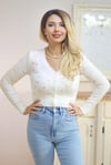 Kadın Krem Çiçek Nakışlı Crop Triko Hırka