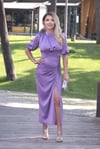 Kadın Lila Saten Drape ve Yırtmaç Detaylı Abiye Elbise 