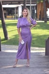 Kadın Lila Saten Drape ve Yırtmaç Detaylı Abiye Elbise 
