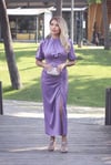 Kadın Lila Saten Drape ve Yırtmaç Detaylı Abiye Elbise 