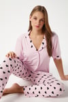 Kadın Lily Yumuşak Doku Pembe Kalpli Ön Düğmeli Kısa Kollu Pijama Takımı