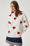 Kadın Love Kalp Nakışlı Ekru Kırmızı Sweatshirt